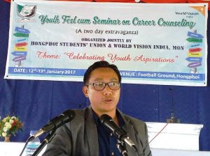 Associate Professor of Wangkhao College, Mon, Wangjin Konyak, speaking at the youth fest cum career counselling programme in Hongphoi village.