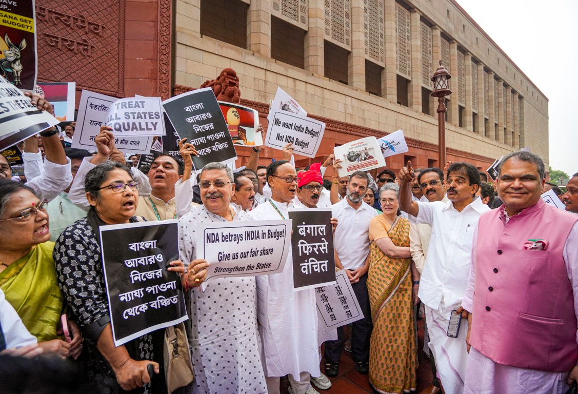 INDIA bloc MPs protest over 'discrimination' against opposition-ruled states in Union Budget