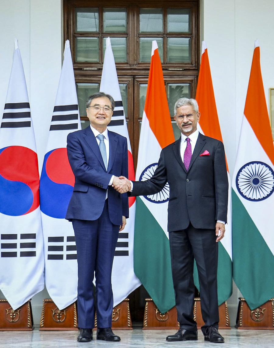 In this screenshot from @DrSJaishankar via X on Aug. 16, 2025, External Affairs Minister S. Jaishankar with South Korea Foreign Affairs Minister Cho Hyun, during a meeting, in New Delhi. (@DrSJaishankar on X via PTI Photo)