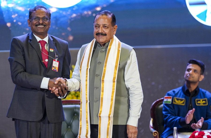 Union Minister of Science and Technology Jitendra Singh, Indian Space Research Organisation (ISRO) Chairman V Narayanan and others release a catalogue titled ‘Chintan Shivir 2025’ during an event on the occasion of the National Space Day, at Bharat Mandapam, in New Delhi, Saturday, Aug. 23, 2025. (PTI Photo/Karma Bhutia)