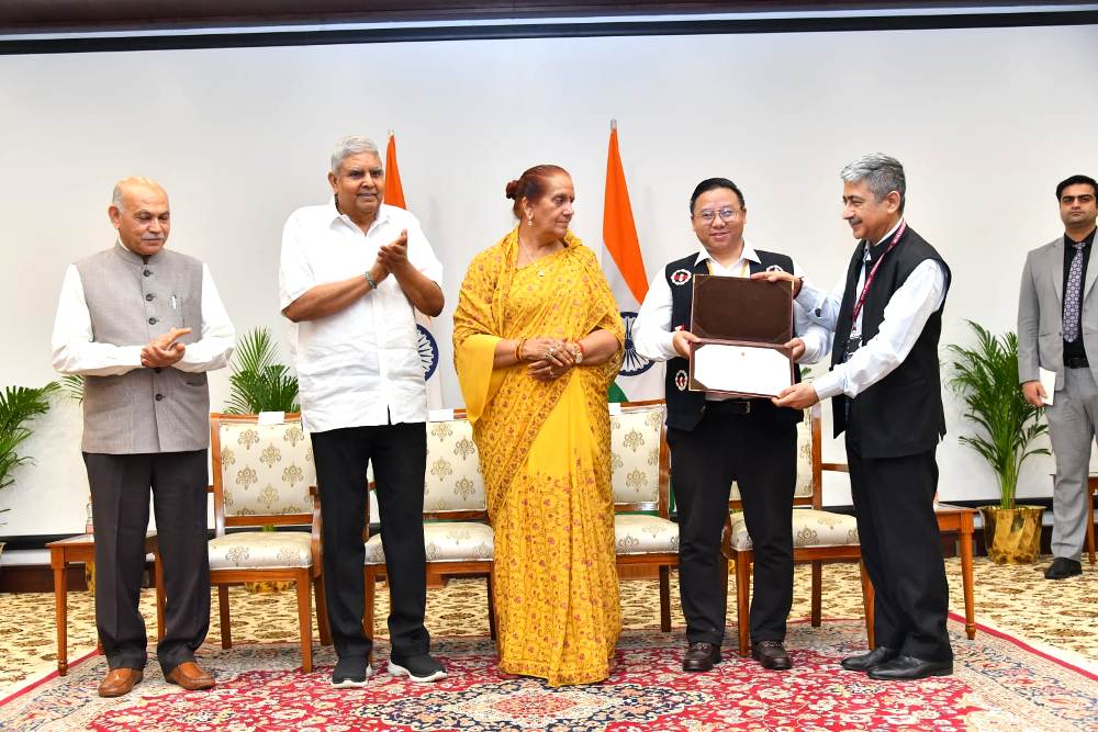 Dr. Mughavi Tuccu felicitated by Vice President Dhankhar